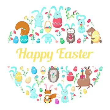 Happy Easter greeting card template with cute animals, Easter eggs, spring Stock Illustration