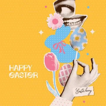Happy Easter greeting card template in temporary vintage collage style. Square Stock Illustration