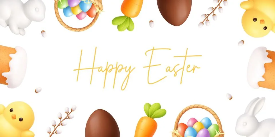 Happy Easter greeting card template with 3D spring elements. Eggs, bunny, basket Illustrazione stock