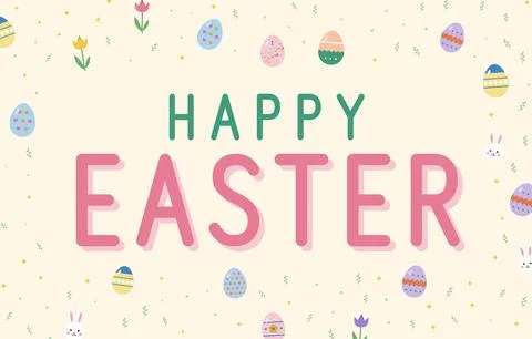 Happy Easter greeting card template with pink and green lettering, painted eggs, Stock Illustration