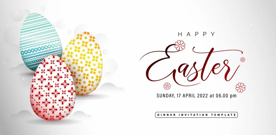 Happy Easter greeting card with three colorful eggs Stock Illustration