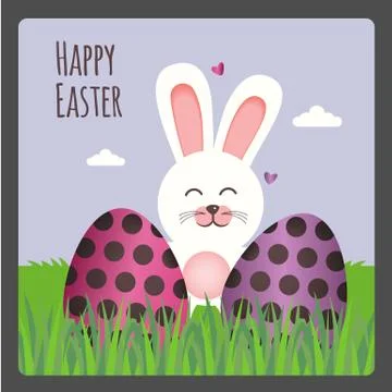 Happy Easter greeting card with two eggs and bunny Stock Illustration