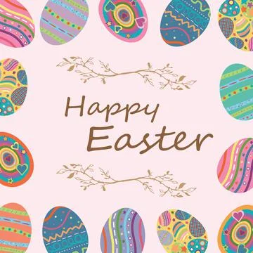 Happy Easter greeting card vector with multi coloured eggs and floral design Stock Illustration