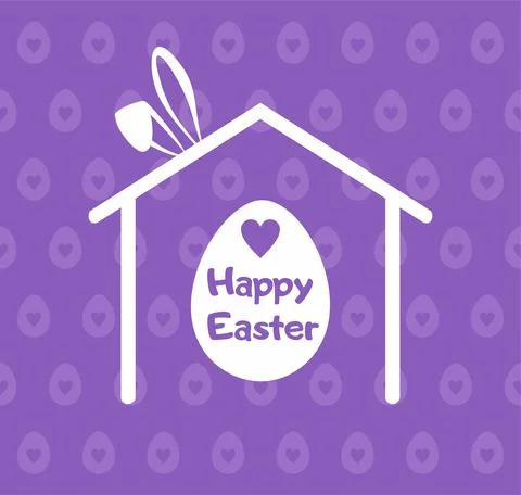 Happy Easter greeting card. White egg with text and heart inside white house Illustrazione stock