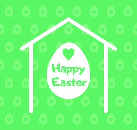 Happy Easter greeting card. White egg with text and heart inside white house Stock Illustration