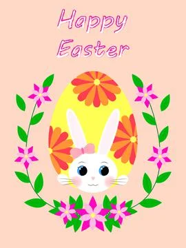 Happy easter. Greeting card. A white rabbit peeks out of an Easter egg. Vecto Stock Illustration