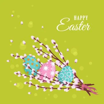 Happy Easter greeting card with willow and eggs Stock Illustration