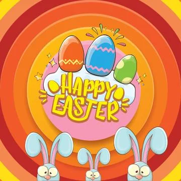 Happy easter greeting card wtih bunny, calligraphic text, clouds , rainbow and Illustrazione stock