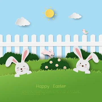 Happy Easter greeting card,celebrate theme with easter eggs and rabbits on .. Stock Illustration