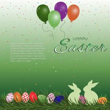 Happy Easter greeting card,eggs rabbits balloons and confetti Stock Illustration