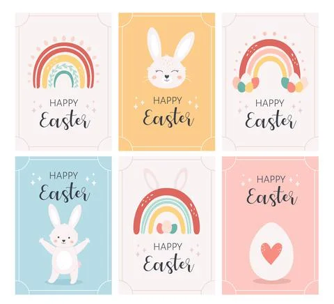 Happy Easter greeting cards with Easter bunny, painted eggs, rainbow 스톡 일러스트