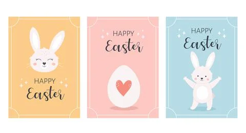 Happy Easter greeting cards with Easter bunny and painted eggs. Иллюстрация