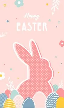 Happy Easter. Greeting cards or posters with bunny, spring flowers and Easter Stock Illustration