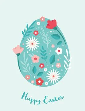 Happy Easter. Greeting cards or posters with spring flowers and Easter egg. Egg Stock Illustration