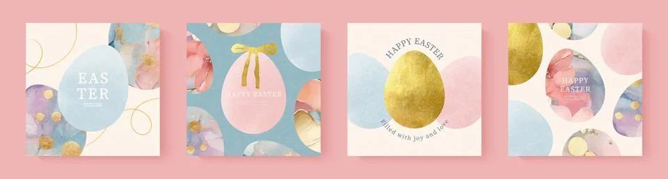 Happy Easter greeting cards set with beautiful decorated eggs. Watercolor and Illustrazione stock