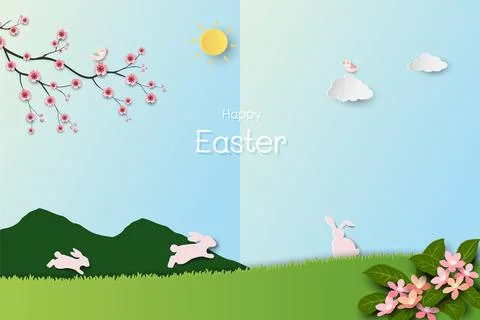 Happy Easter greeting card,Spring field background with cute rabbits happy .. Stock Illustration