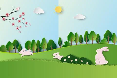 Happy Easter greeting card,Spring forest landscape background with cute rab.. Stock Illustration