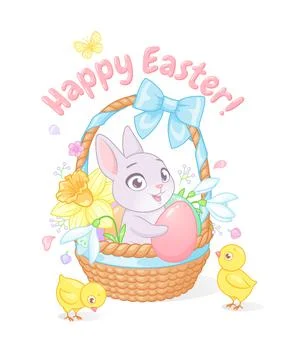 Happy Easter greeting. Chicks and bunny in basket with flowers. Stock Illustration