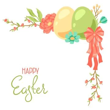Happy Easter greeting corner. Cute eggs and flowers for traditional celebra.. Stock Illustration