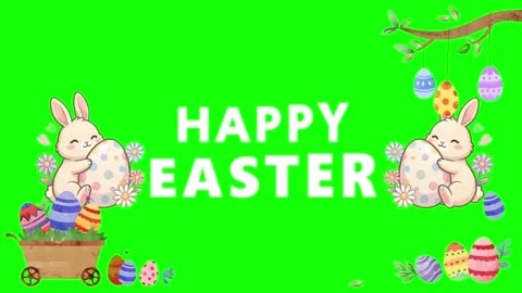 Happy Easter greeting with cute cartoon bunnies and colorful decorated eggs on Stock Footage 343908562