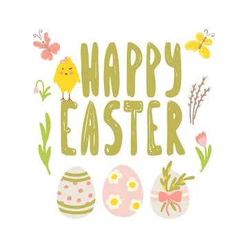 Happy Easter greeting with cute eggs and flowers 스톡 일러스트