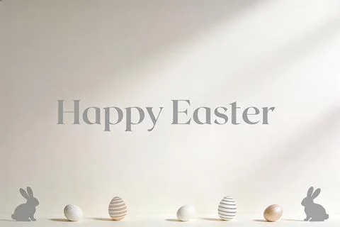 Happy Easter greeting with decorative eggs and bunny silhouettes on a soft .. Stock Photos