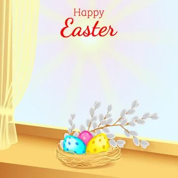 Happy Easter greeting with eggs by window, vector Stock Illustration