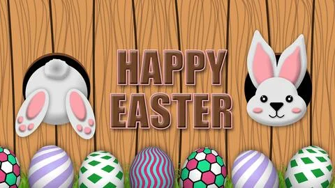 Happy easter greeting illustration image with white rabbit, eggs, grass and.. Illustrazione stock