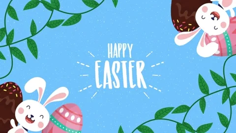 Happy easter greeting motion with cute bunnies, colorful eggs, and green le.. Vídeos de archivo 333897218