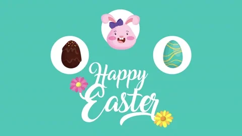 Happy Easter greeting motion graphic with bunny, decorated eggs and spring .. Stock Footage 333294658