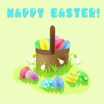 Happy Easter greeting with painted eggs and spring flowers Stock Illustration