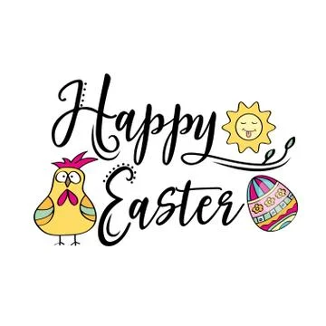 Happy Easter greeting text decorate with sun,  Easter egg and chicken Stock Illustration