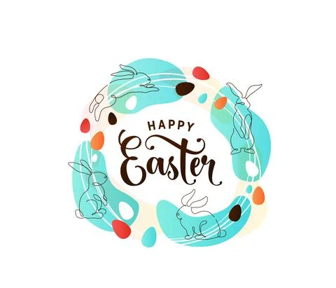 Happy easter greeting vector illustration in minimal line style with outline Stock Illustration