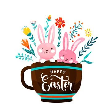 Happy easter greeting vector illustration. Two funny easter bunnies sit in the Stock Illustration