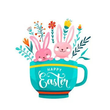 Happy easter greeting vector illustration. Two funny easter bunnies sit in the イラスト素材