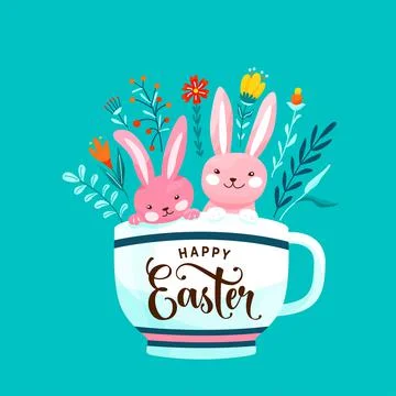 Happy easter greeting vector illustration. Two funny pink easter bunnies sit in Stock Illustration