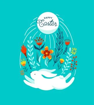 Happy easter greeting vector illustration. Funny white easter bunny jump under 스톡 일러스트