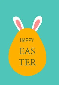Happy easter greeting with yellow egg and pink bunny ears on blue background Stock Illustration