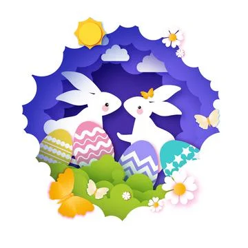 Happy Easter greetings card with Cute white rabbits in paper cut style. Bunny Stock Illustration