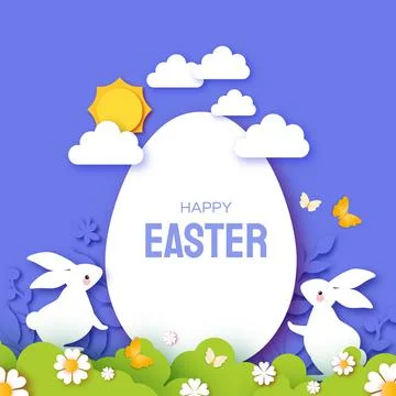 Happy Easter greetings card with Cute white rabbits in paper cut style. Bunny Stock Illustration