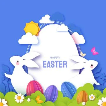 Happy Easter greetings card with Cute white rabbits in paper cut style. Bunny Stock Illustration