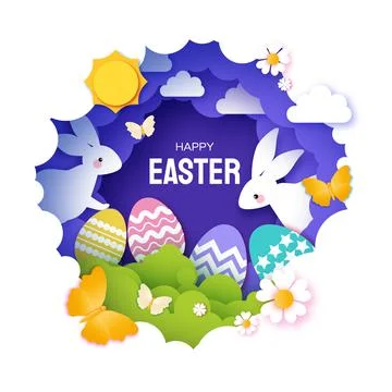 Happy Easter greetings card with Cute white rabbits in paper cut style. Bunny Stock Illustration