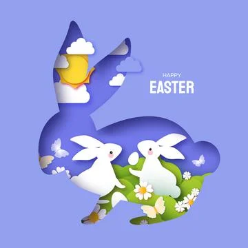 Happy Easter greetings card with Cute white rabbits in paper cut style. Bunny Stock Illustration