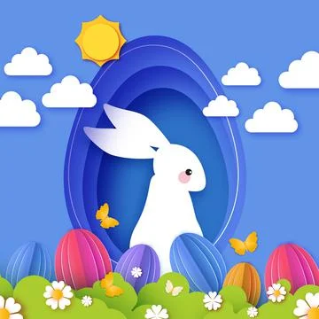 Happy Easter greetings card with Cute white rabbits in paper cut style. Bunny Stock Illustration