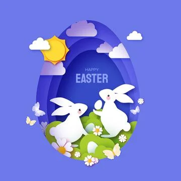 Happy Easter greetings card with Cute white rabbits in paper cut style. Bunny Stock Illustration