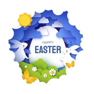 Happy Easter greetings card with Cute white rabbits in paper cut style. Bunny Stock Illustration