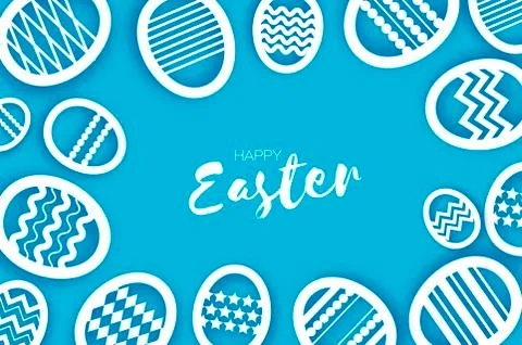 Happy Easter Greetings card. Eggs in paper cut style. Spring holidays on blue Stock Illustration