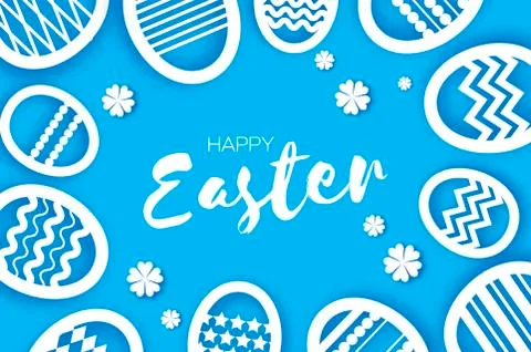 Happy Easter Greetings card. Eggs in paper cut style. Spring holidays on blue Stock Illustration