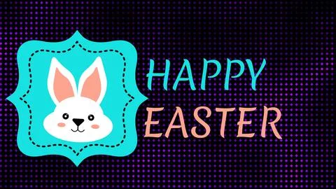 Happy Easter greetings on dark background with cute bunny face icon Stock Illustration