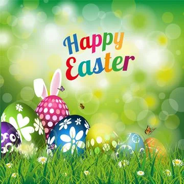 Happy Easter Greetings With Eggs Grass Bunny On Green Bokeh Background Stock Illustration
